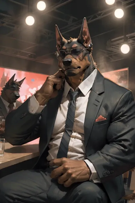 by taran fiddler, solo, anthro, dobermann breed, anthro doberman, canine, male, muscular, wearing suit and tie, pure red tie, we...