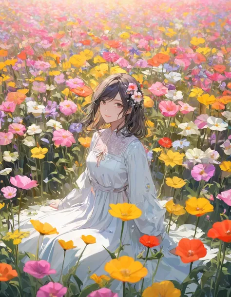 a woman sitting in a field of flowers, portrait of girl in flower field, girl sitting in a flower field, sitting in a field of f...