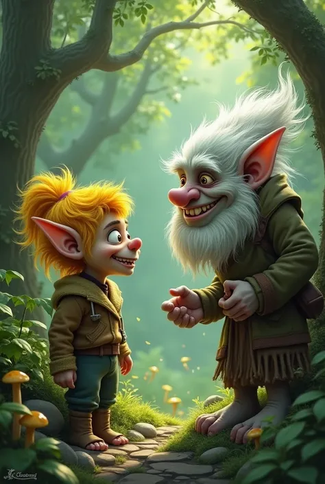 Two trolls talking in the forest. One ogre is young and blond and the other is older