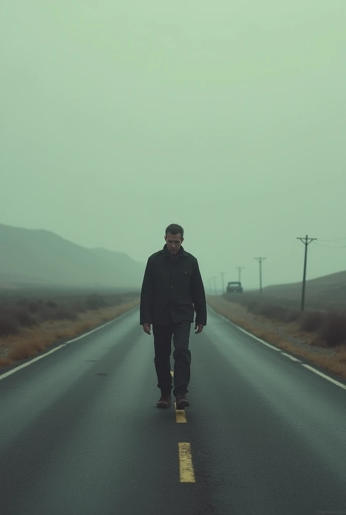 Man Walking on Empty Road: The man walking alone on a deserted road, with a sense of dread and isolation as the old car fades into the distance.