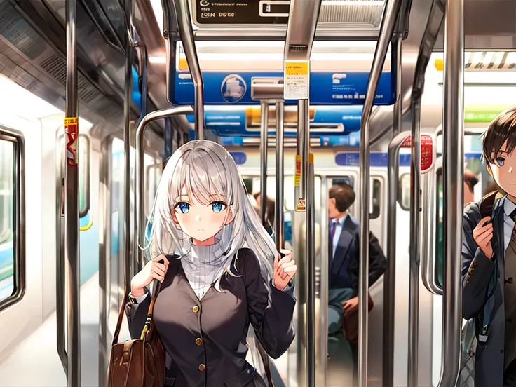 White-haired girl riding the subway in the Milky Way, 8k, Delicate eyes, Gray Eyes, Stars