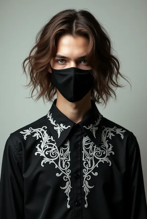 Brown hair, black mask, wearing a shirt with white designs, and a male