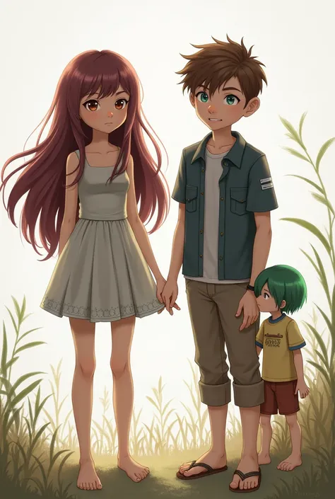 Create a tall burgundy haired girl, brown eyes with a taller boy with brown hair and medium blue eyes with green short straight hair 