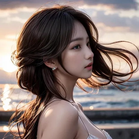 photography of a brightly sangmi nam who is Korean actress, masterpiece, photorealistic, analog, realism, Korean idol, slim leg, long_brown_hair,1 girl, very bright backlighting, solo, {beautiful and detailed eyes}, large breasts, calm expression, natural ...