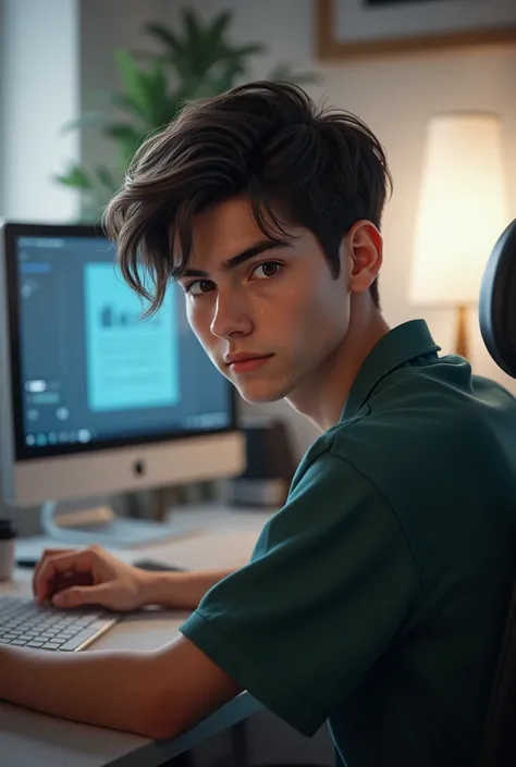 A young man in room computer in background room look front side 