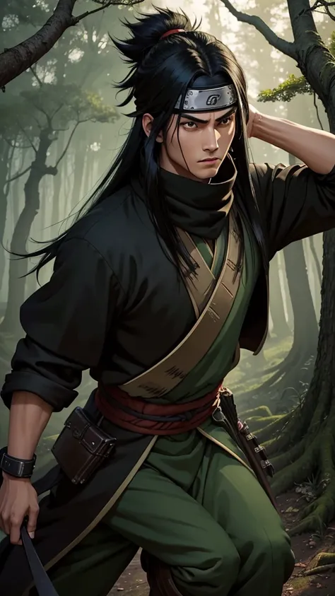 (cowboy shot), sfw, (masterpiece), (best quality:1.0), (ultra highres:1.0), detailed eyes, BREAK looking at viewer, 1boy, dark skin, long black hair, intimidating look, green armor, samurai armor, black robes, ornate clothing, pouches, black headband, wood...