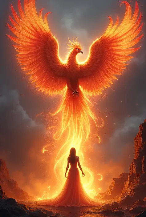 A majestic phoenix rising from glowing embers, its vibrant red, orange, and gold feathers radiating heat and light. The phoenix has large, powerful wings spread wide as it ascends, surrounded by swirling flames and smoke. In the background, a mystical, twi...