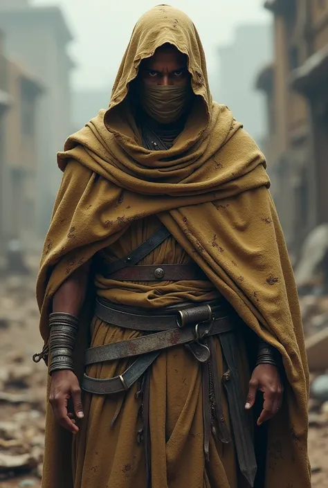 A warrior hidding himself with ancient cloth with no weapon  improve it, make warrior most powerful 
Make face using mask
Make brownish fair skin tone
Make it Indian
Stand him in post war
Age 24 to 25
Make him mysterious 