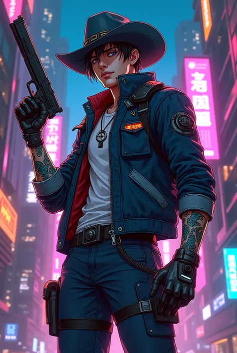 (anime style hand drawing), cyberpunk cyborg cowboy pointing a gun in front
(pistol),
neon ligths