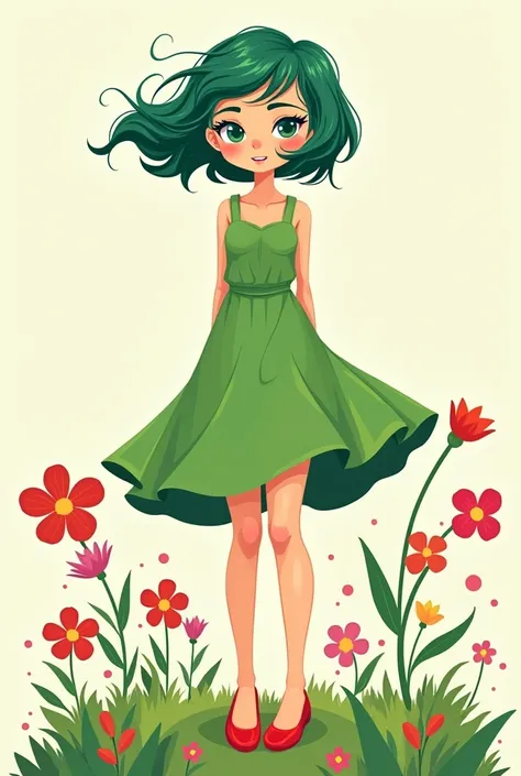 Cartoon drawing of a woman with short green hair and green eyes ,green dress with red flats flowers 