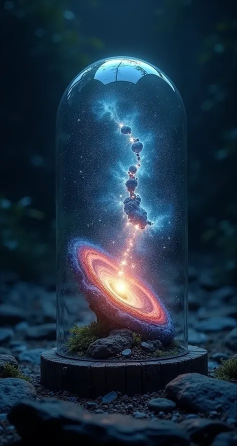 Galaxy in the glass, small nova explosion, dark scene