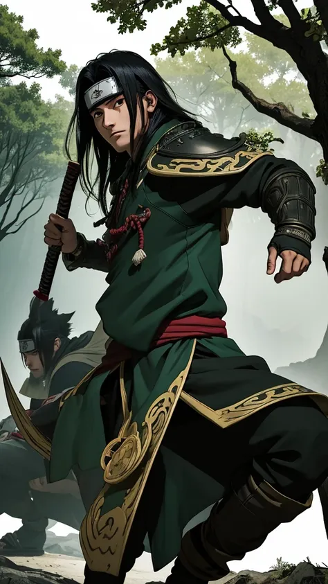 (cowboy shot), sfw, (masterpiece), (best quality:1.0), (ultra highres:1.0), detailed eyes, BREAK looking at viewer, 1boy, face scar, dark skin, long black hair, intimidating look, green armor, samurai armor, black robes, ornate clothing, pouches, black hea...