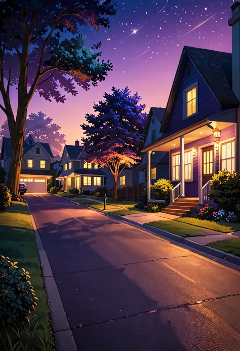 "an anime-style 4k wallpaper of a peaceful suburban neighborhood street at dusk. the scene features a vintage car parked in the ...