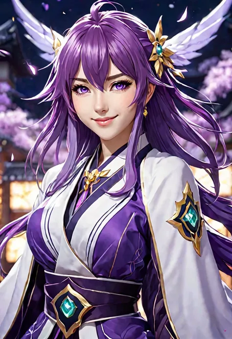 anime girl with purple hair and purple eyes in a purple outfit, ayaka 9portrayed by Scarlett Johannsson)  genshin impact, [[[[grinning evily]]]], akasuki voidstar, onmyoji portrait, hajime yatate, anime moe artstyle, portrait knights of zodiac girl, keqing...