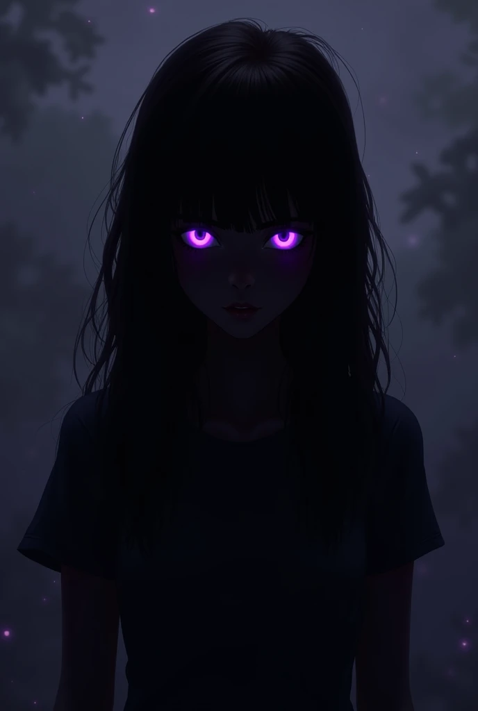 Let it be like a book cover where only the silhouette of a teenage girl can be seen., dark brown straight hair, Dark skin and purple eyes look a little dark in 4d