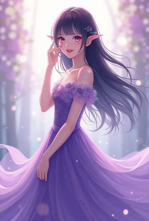 Anime woman in purple mid-length dress