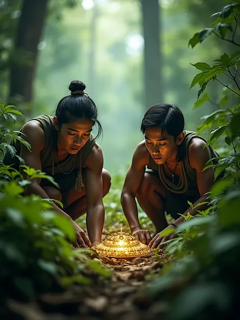 Two Cambodian hunters sit near a treasure in the forest, looking from behind