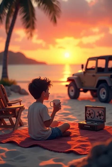 A young boy enjoying the sunset on the beach with a cup of coffee, a carpet is laying and a tape recorder is playing,a jeep, a table and a chair, a camp on the beach 