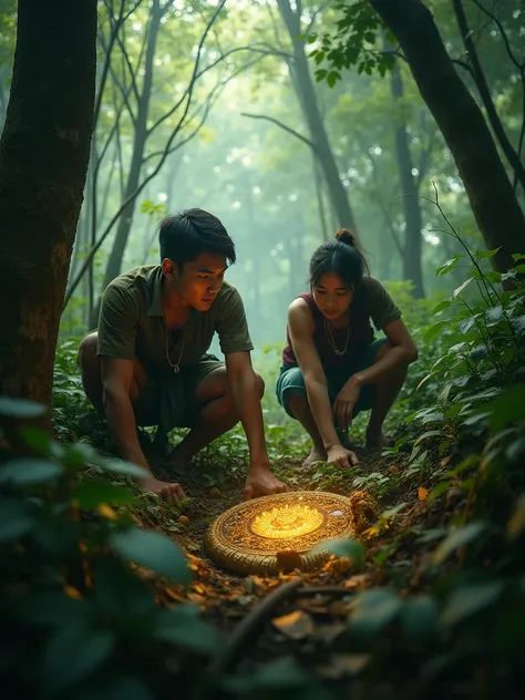 Two Cambodian hunters sit near a treasure in the forest, looking from behind