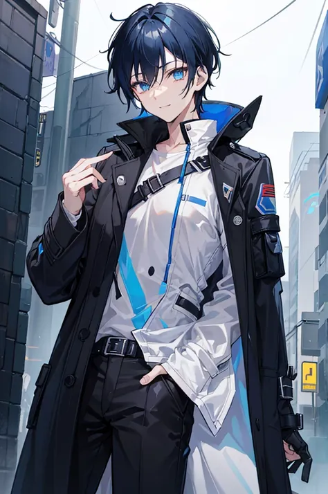 초상화, Face_through_torso, A well-designed male protagonist character with black hair, styled neatly to emphasize his handsome features. His eyes are a striking blue, and his expression carries a subtle, confident smile. He is dressed in a black T-shirt unde...