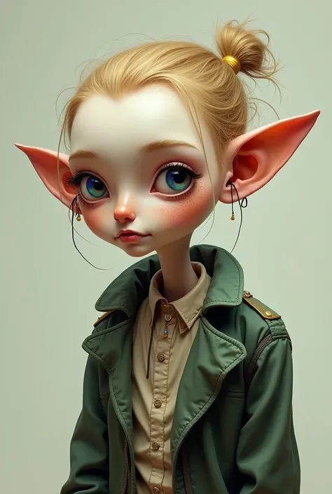 A thin girl 2,
 with a long face, big ears, unruly dirty blonde hair and eyes of different colors, one violet and the other green, a crooked nose, with a scar in the middle of her nose, freckled face, who dresses like a boy