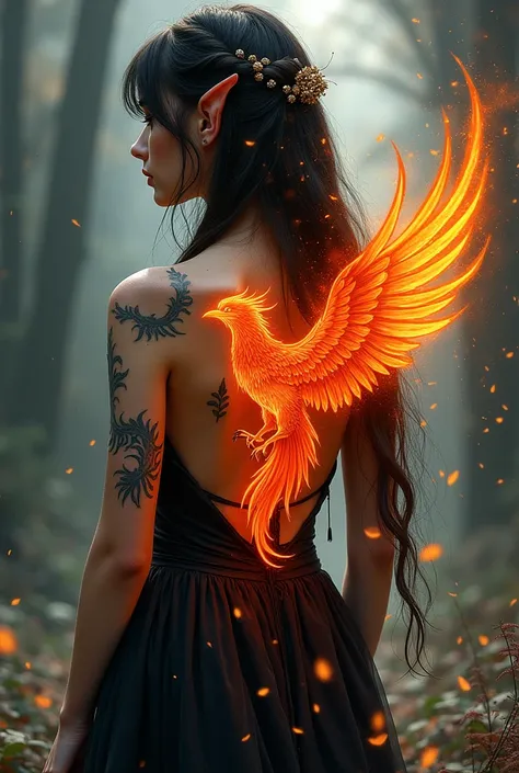 watercolor art, fantasy art, goth art, a picture of a tattoo on the back of a female elf, a glowing tattoo of a ((phoenix: 1.3)) on the elfs back, the ((phoenix tattoo)) is vivid, intricate detailed coming to life from the ink to real life, ((fire surround...