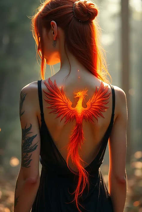 watercolor art, fantasy art, goth art, a picture of a tattoo on the back of a female elf, a glowing tattoo of a ((phoenix: 1.3)) on the elfs back, the ((phoenix tattoo)) is vivid, intricate detailed coming to life from the ink to real life, ((fire surround...