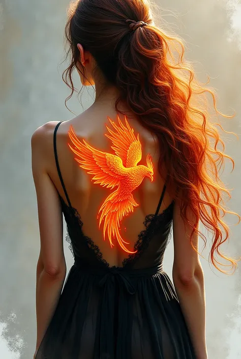 watercolor art, fantasy art, goth art, of a tattoo on the back of a female elf, a glowing tattoo of a ((phoenix: 1.3)) on the elfs back, the ((phoenix tattoo)) is vivid, intricate detailed coming to life from the ink to real life, ((fire surrounds the phoe...