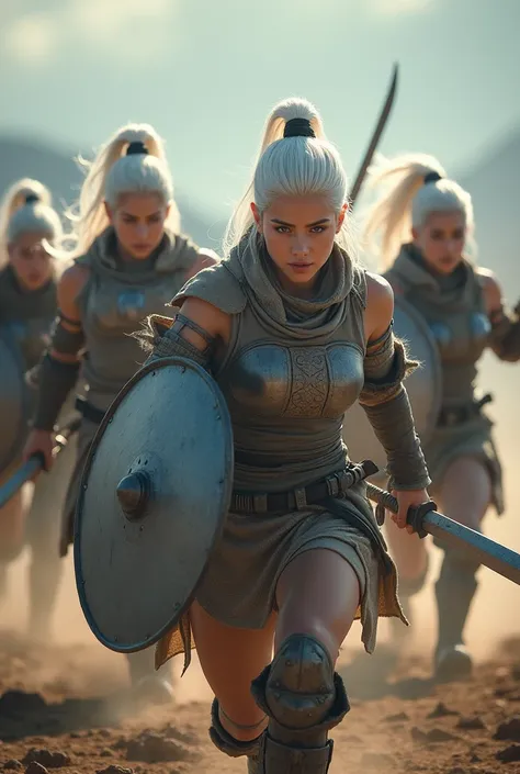 Super realistic, 5 nudes females korean barbarian holding a sword and shield, white hair, blue eyes, muscle body, full body image, Fighting in battle field, motion blur, bokeh effect, depth of field, hyper Realistic, Professional photography, Cinema Lighti...