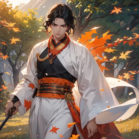 Handsome black-haired male general holding a large sword in white ancient Chinese general costume, walking In the middle of a spring mountain ,the backdrop is a mountain that turns orange-red in spring, and maple leaves fall from the trees.The sun shines a...