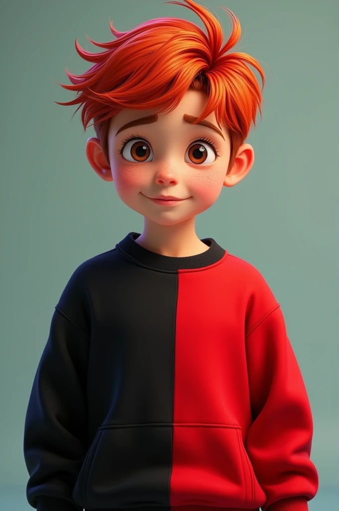 1 boy with a half black half red sweatshirt, brown eyes and orange-brown hair with red streaks, freckles and a robust body 