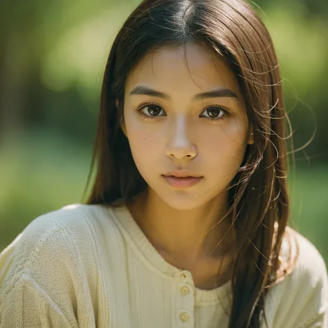 A hyper-realistic image of a single Japanese woman in her early 20s, captured with the nostalgic warmth and subtle graininess of a film camera. Her skin has a warm beige tone with a natural, slightly rough texture that includes visible pores, fine lines, a...