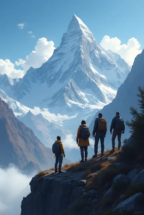 A detective and his friends detective, looking at the Dhaulagiri mountain from a high place