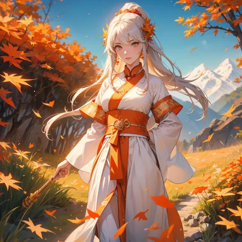 A beautiful female general holding a big spear in white ancient Chinese general costume, walking In the middle of a spring mountain ,the backdrop is a mountain that turns orange-red in spring, and maple leaves fall from the trees. The sun shines and the su...