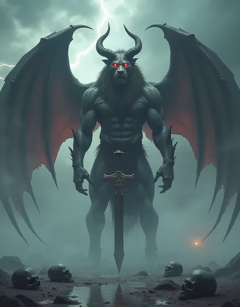 a very tall demon with lion head and goat horns and bat wings standing straight in two feet human pose, stern expression, confident pose, glowing red eyes, dark fur, goat feet, celestial, muscular frame, a great sword plug on the ground infront of him, det...