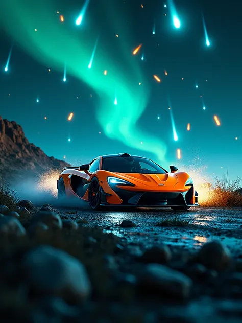 an orange McLaren P1 racing car, expertly navigating a treacherous field of meteors. The cars sleek design contrasts with the chaotic, rocky terrain, as it maneuvers with precision and agility. The meteors themselves glow with a vibrant blue and green hue,...