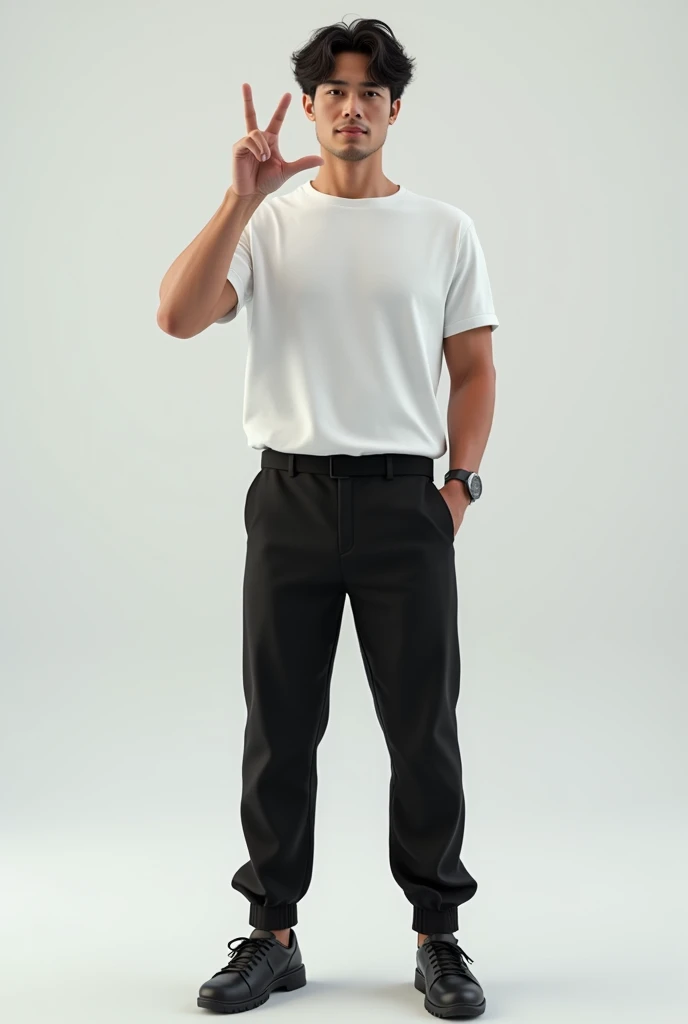 (photorealism:1.2), male adult, full body, black pants, white t shirt, triangle hand sign