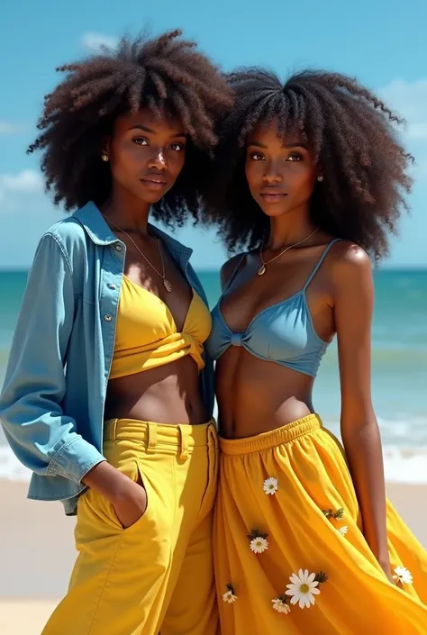 Ultra-realistic, 4k, professional photo, 2 girl, black girl, big curly hair, HDR, detailed face, medium body, yellow skirt with flower, (open blue shirt), Masterpiece, (lighting), (1solo), beach background, realistic background, realistic photo