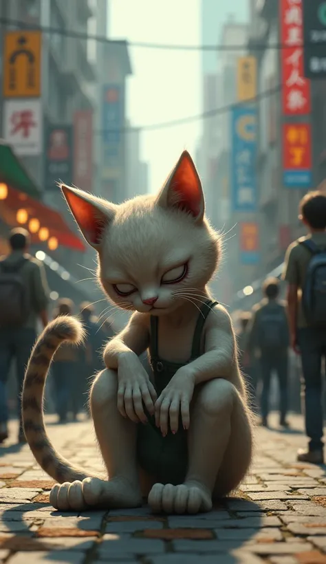 humanoid cat sitting crying in a crowded place