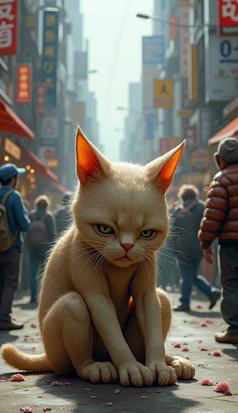 humanoid cat sitting crying in a crowded place