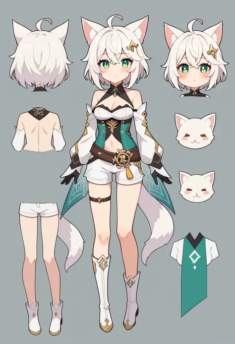 high quality, Detailed, NPC, Character Sheet, vector, eye,one frame, body, one naked,White Background, Reference Sheet, Beautiful face、Reference Sheet,Triangular diagram,1girl, Nice girl , ahoge, animal ear fluff, animal ears, asymmetrical legwear, bangs, ...