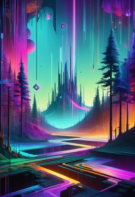 a fantastical digital landscape, digital glitches, abstract cyberpunk forest, digital decay, intricate geometric structures, twi...