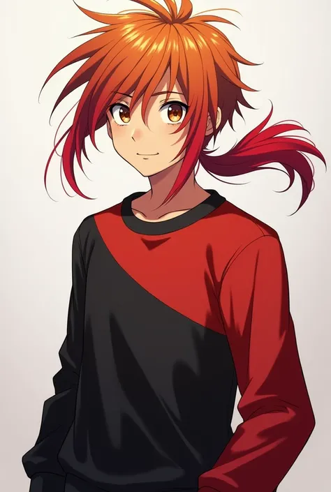 1 male boy wearing half black half red sweatshirt, Brown eyes and long orange-brown hair with red streaks tied in a low ponytail, somewhat disheveled, and a robust body 