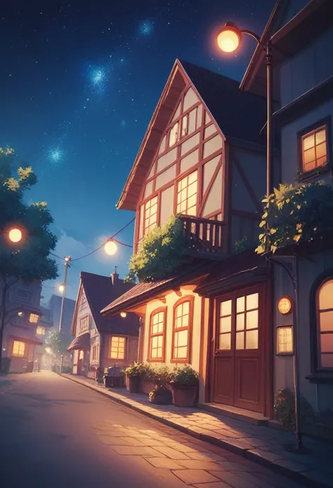 imagine an anime style of a quiet suburban neighborhood street at dusk, with a vintage car parked in the driveway of a house. Warm lights glow from the windows, and a starry night sky twinkles above