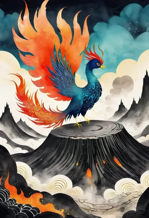 Chinese ink painting、A design of a phoenix emerging from a volcanic crater, Pop Surrealism, Childrens Illustration Style