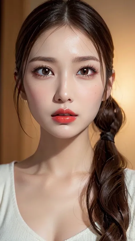 a girl with glossy skin, a subtle red lip, messy hair with strands covering her forehead, very natural and realistic hair, extremely detailed and realistic facial features including large eyes, high-quality 8K render, realistic painting style, realistic cl...