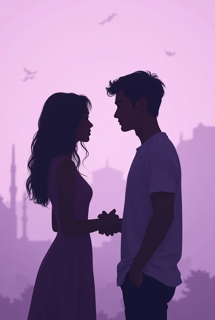 Create the cover of a book where a young couple ends their relationship, a silhouette of a woman and a man, the two young people are sad, the cover is lilac,The book talks about a letter that the girl writes every day while waiting for her boyfriend to ret...