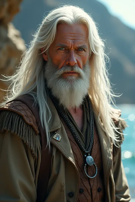 A man with long white hair, tanned skin, blue eyes, handsome. 