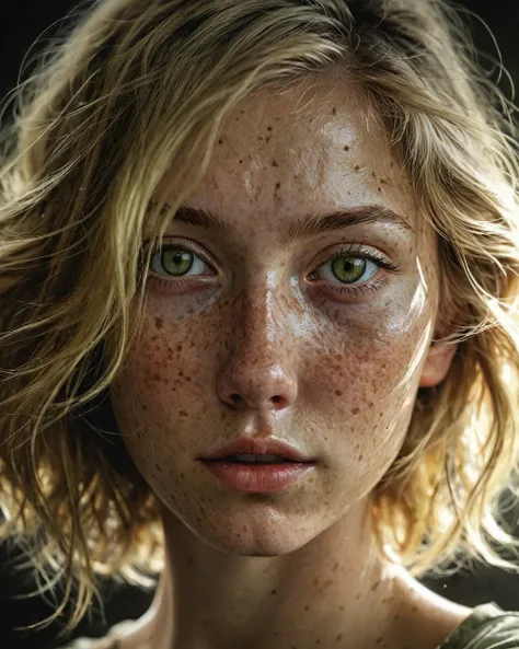 realistic skin texture, Portrait of a young woman with medium blonde hair and few freckles,very beautiful, olive green eyes, dramatic lighting, Illustration by Greg Rutkowski., Yoji Shinkawa, 4k, Digital art, Conceptual art, trend in artstation, (Best phot...