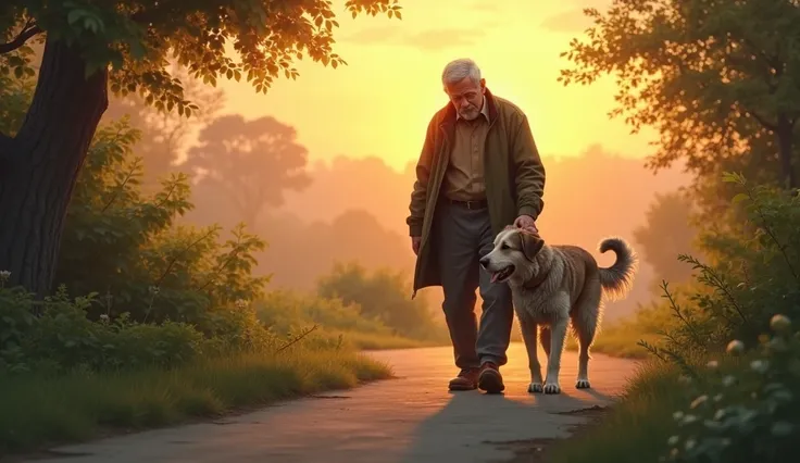 John loved Duke dearly and took him on walks every evening. (Image: An old man walking a dog in a sunset setting)